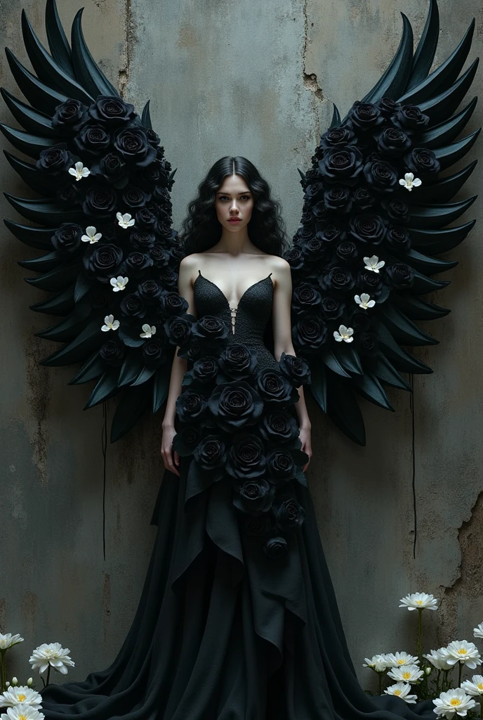 Create a black rose angel in the rock genre, make it less realistic, put some white flowers on it