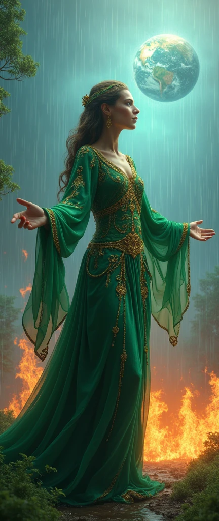 ultra realistic image of mother earth gaia dressed in green with gold threads looking at planet earth on fire in brazil opening her arms , transmit depth, in the background blue sky with abundant rain putting out the fire and on the ground green forests with fires