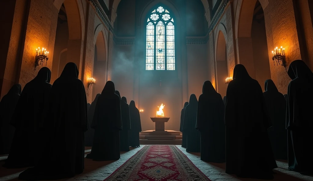 8k、large stained glass,(Extreme low angle), (number々の賞を受賞したmasterpiece、Incredible detail、Texture、Maximum details),red flame candle, (summoning magic),(St George's Church in Lalibela at night (Church of Saint George) - Ethiopia), (dark ritual),(dark organization)arafed image of a group of people in a church with candles,lit candle, dark cinematic concept art, elegant cinematic fantasy art, photorealistic dark concept art, by Beeple, dark robes, wojtek fus, gothic epic library concept, gothic epic library, epic cinematic concept art, dark concept art, Beeple and mike winkelmann, symmetrical epic fantasy art, High resolution, masterpiece, Highest quality, Intricate details, Very detailed, Clear focus, practical skin texture, texture, Shot with Canon, 85mm, Shallow and deep, Kodak Vision Color, Exactly, Very detailed, photograph_\(Extremist\), photographpractical, practical, Post-processing, Maximum details, Roughness, Real Life, Extremist practical, Photorealism, photographgraphy, 8K Ultra HD, photographgraphy