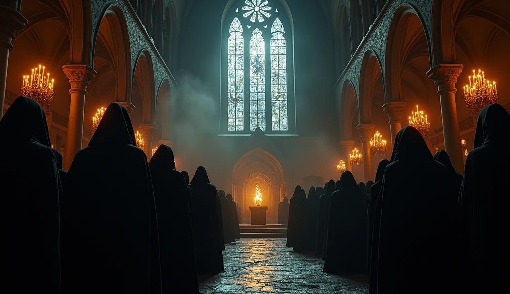 8k、large stained glass,(Extreme low angle), (number々の賞を受賞したmasterpiece、Incredible detail、Texture、Maximum details),red flame candle, (summoning magic),(St George's Church in Lalibela at night (Church of Saint George) - Ethiopia), (dark ritual),(dark organization)arafed image of a group of people in a church with candles,lit candle, dark cinematic concept art, elegant cinematic fantasy art, photorealistic dark concept art, by Beeple, dark robes, wojtek fus, gothic epic library concept, gothic epic library, epic cinematic concept art, dark concept art, Beeple and mike winkelmann, symmetrical epic fantasy art, High resolution, masterpiece, Highest quality, Intricate details, Very detailed, Clear focus, practical skin texture, texture, Shot with Canon, 85mm, Shallow and deep, Kodak Vision Color, Exactly, Very detailed, photograph_\(Extremist\), photographpractical, practical, Post-processing, Maximum details, Roughness, Real Life, Extremist practical, Photorealism, photographgraphy, 8K Ultra HD, photographgraphy