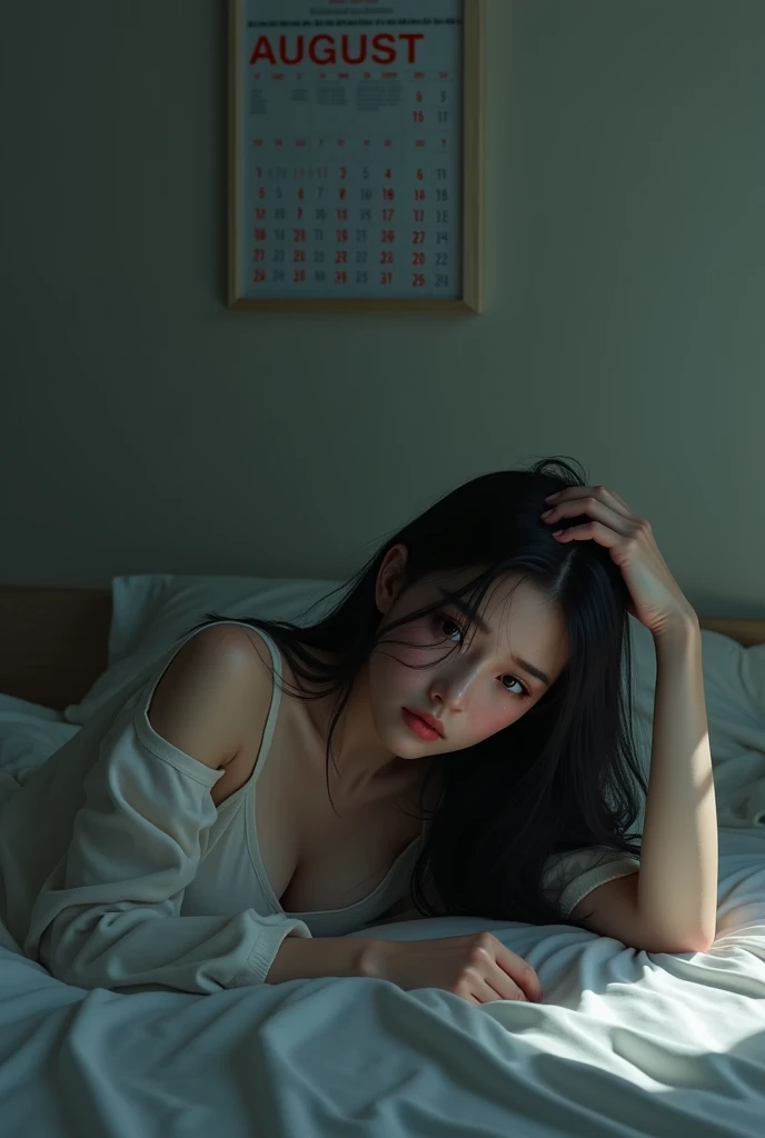 Make a black hair girl from afar laying in bed, staring at the roof with tears in her face, crying and touching her head, realistic picture, full body, with a calendar august on the wall