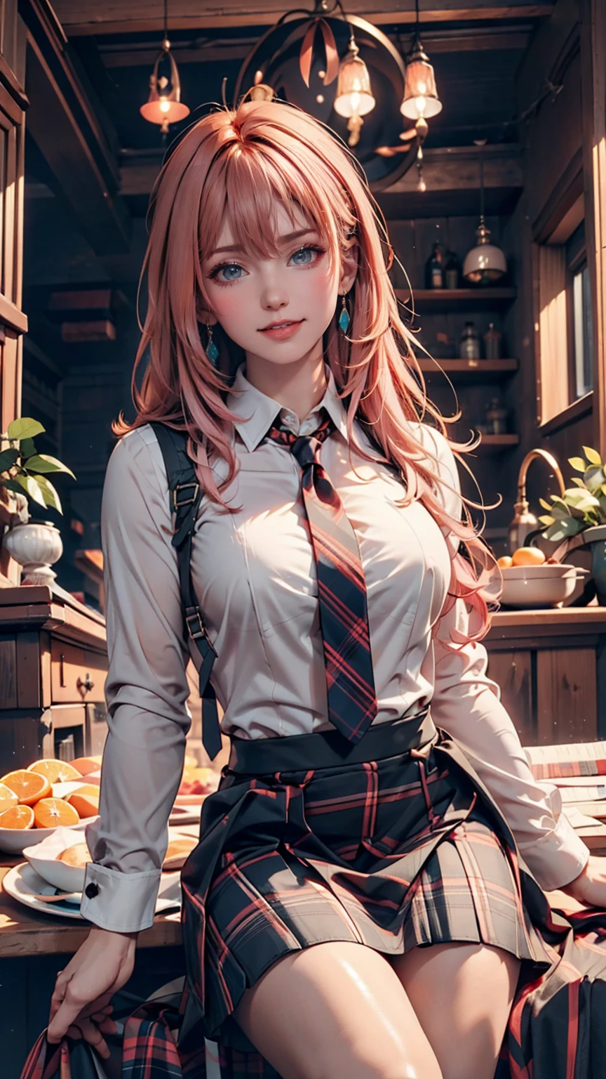 One person, Hoshino (Blue Archive), alone, Heterochromia iridis, Pink Hair, skirt, Long Hair, tie, Ahoge, shirt, Hello, Plaid skirt, blue eyes, Plaid,  View your viewers, white shirt, Sitting, Orange eyes, chest Harness, Harness, Long sleeve, ID card, Open your mouth, very Long Hair, collared shirt, smile, blue tie, bangs, The legs are detached from the frame, Between the legs, hand Between the legs, blush, Hair between the eyes, High resolution,masterpiece, Highest quality