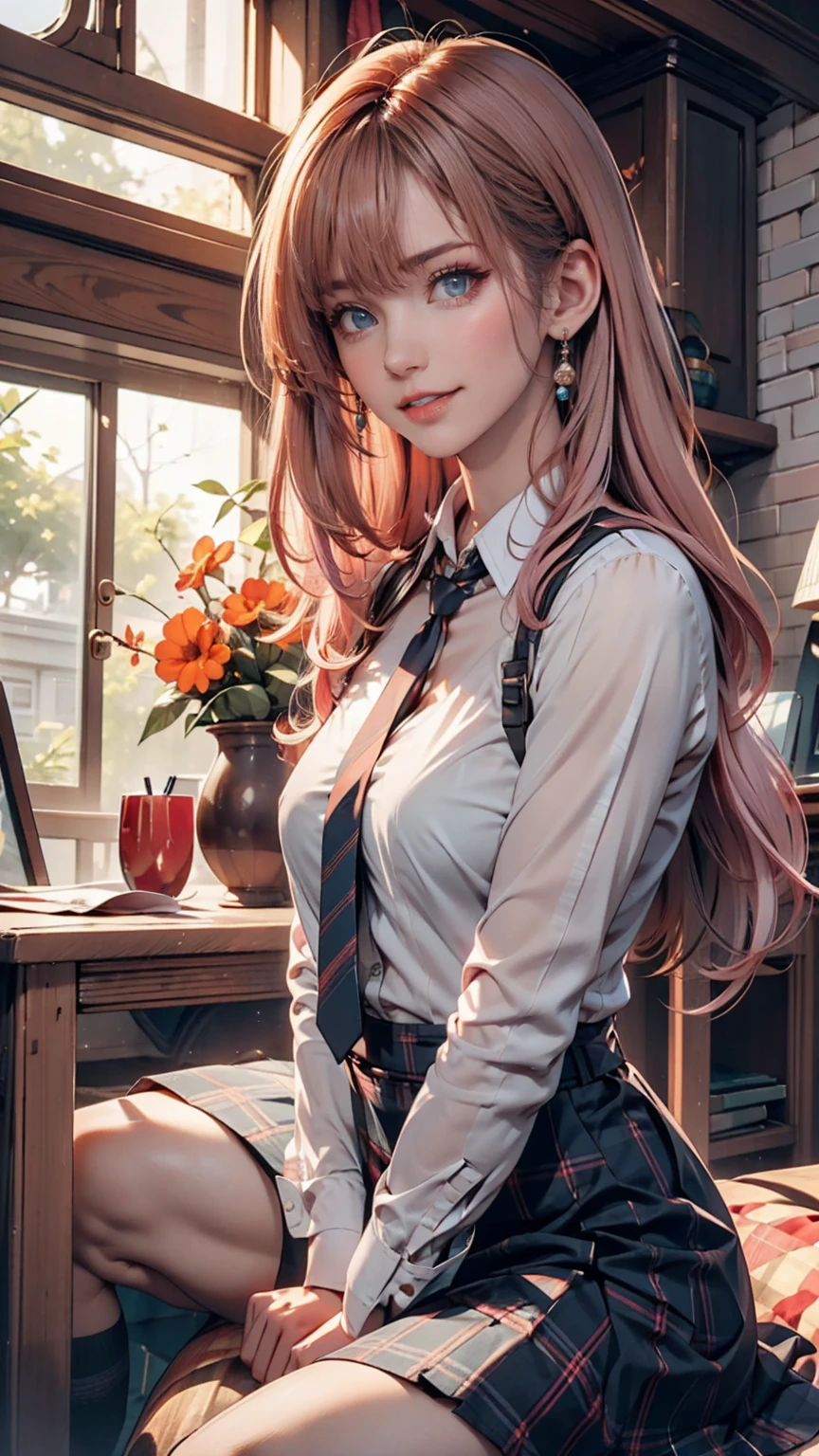 One person, Hoshino (Blue Archive), alone, Heterochromia iridis, Pink Hair, skirt, Long Hair, tie, Ahoge, shirt, Hello, Plaid skirt, blue eyes, Plaid,  View your viewers, white shirt, Sitting, Orange eyes, chest Harness, Harness, Long sleeve, ID card, Open your mouth, very Long Hair, collared shirt, smile, blue tie, bangs, The legs are detached from the frame, Between the legs, hand Between the legs, blush, Hair between the eyes, High resolution,masterpiece, Highest quality