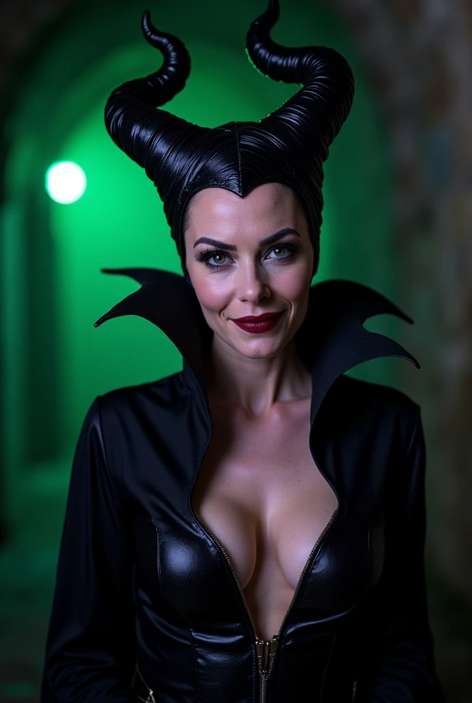 A stunning portrait of Maleficent as a mature woman in her late 50s, emphasis on her horns, purple highlights, purple reflected light, in the nude, young and beautiful, hyper realistic, real portrait, backlit, exquisite features, cleavage, sexy, seductive, unnatural light, soft light, location is the interior of a dungeon, green light, eerie, purple highlights:1.4, she is smirking, she is busty, her chin is raised, looking down at viewer, low angle shot, exquisite features, exotic, high cheekbones, show her full horns