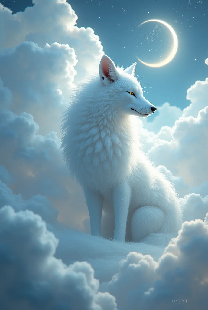 Chinese mythology,Giant White Fox,Thick Clouds,(((9. Tailoring,moon,masterpiece,Best image quality,Super Fine,Super magic,Very detailed,8k resolution,OC Renderer,Dynamic Viewing Angle , ((in front:1.4))