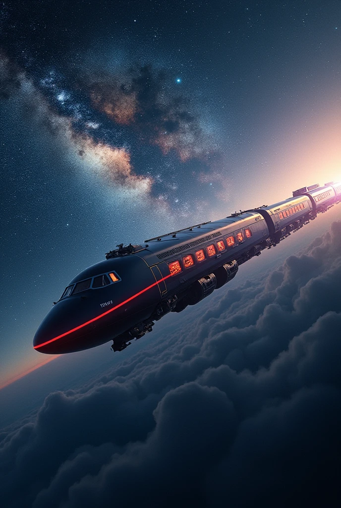 Train-shaped spaceship,10-car train,(Beautiful aircraft:2.0),(The background is outer space and the Milky Way:1.6),masterpiece,Highest quality,Ultra-high resolution,(Super detailed),8k,Realistic,Best aesthetics,beautiful,(dynamic)