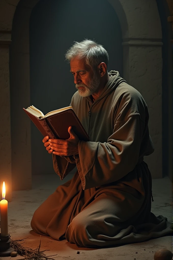 A servant praying on his knees with a bible