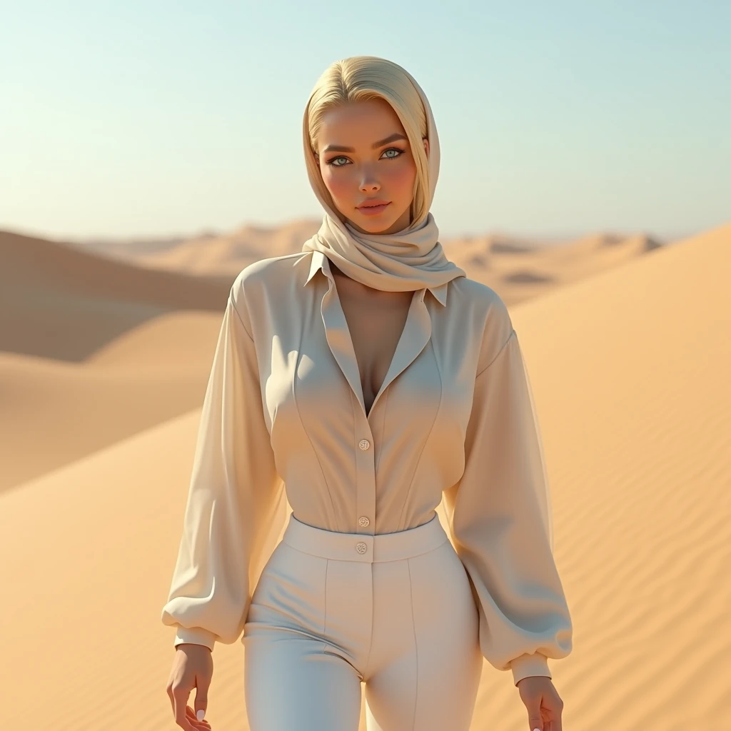 detailedeyes, (body skinny:1.2), curved, looking ahead at viewer, body facing the viewer, huge chest, skin fair, blondie hair, blue colored eyes, slickedback hair, huge ass, perfectly aligned teeth, in the desert of dubai, wearing a headscarf, a blouse and white pants.