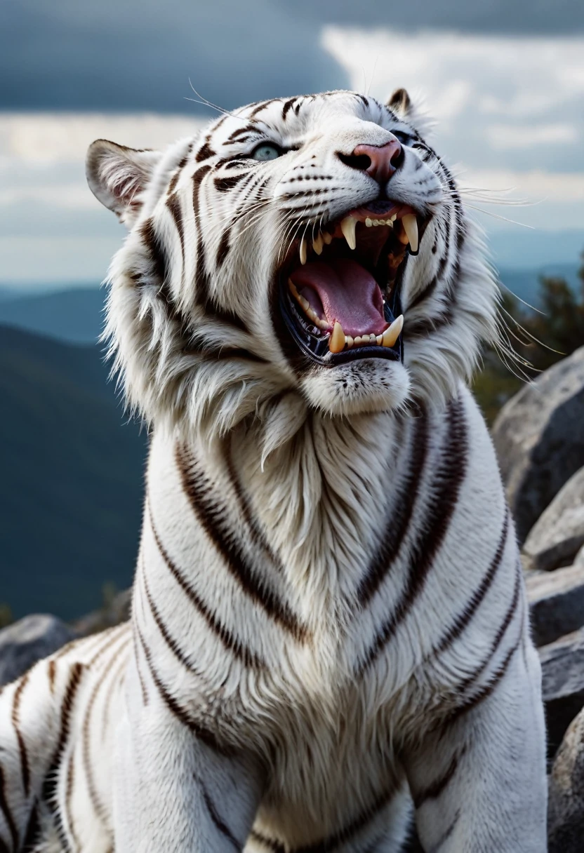 a powerful white tiger, roaring ferociously, detailed fur texture, piercing eyes, open mouth revealing sharp teeth, on a rocky mountain against a cloudy sky, cinematic lighting, dramatic shadows, photorealistic, 8k, highly detailed, award winning