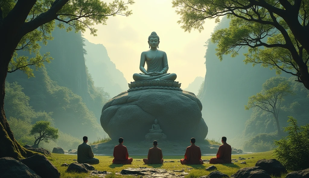Beautiful nature trees, Buddha seats on the stone, four monks seats below the stone, beautiful view, green surrounding, realistic