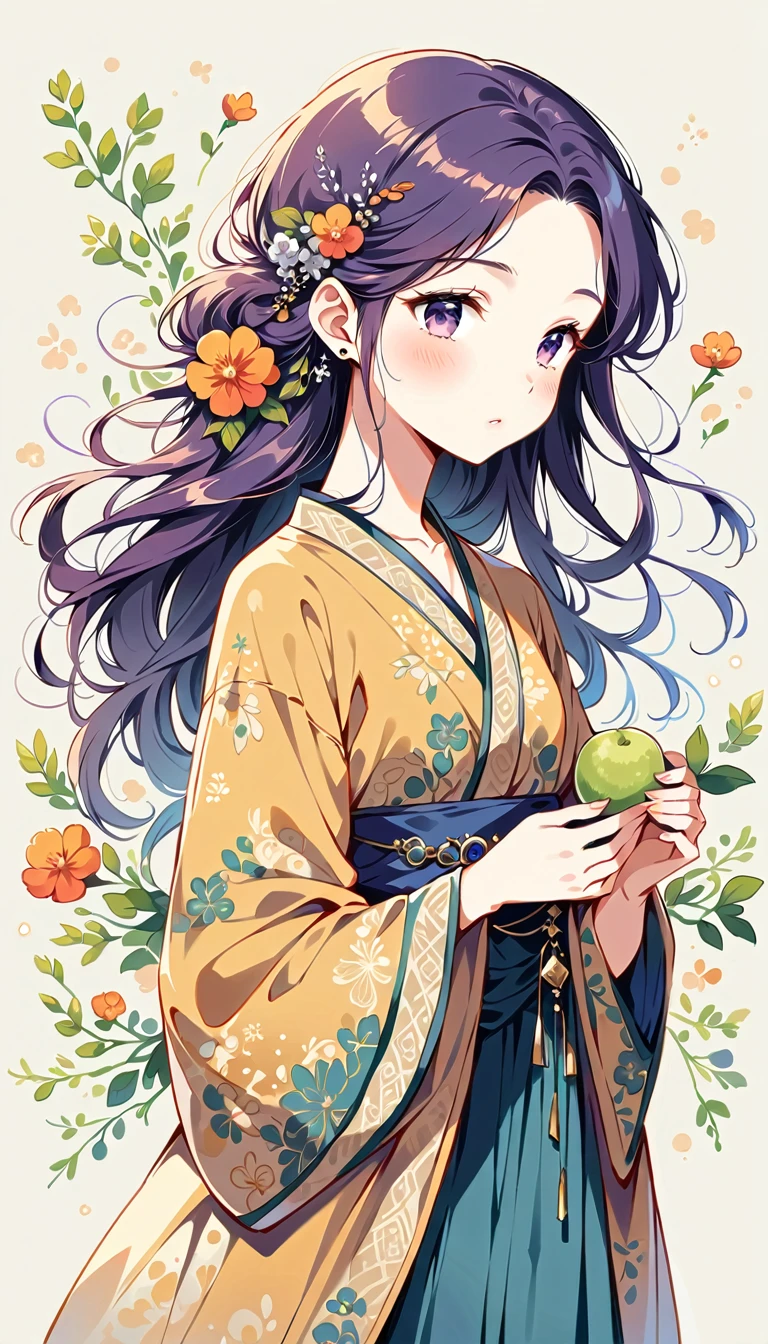 Visually appealing, high-resolution design、 The central figure is、The skirt is adorned with an intricate pattern of deep purple with silver accents., This detailed illustration is、It captures an atmosphere reminiscent of the elegance and cultural richness of a bygone era., Long Hair、Add depth to your projects、She is holding rice balls in her right and left hands as if weighing them on a balance.、 The background is orange bush clover in the upper right half.、The image of a pink peony on the lower left half