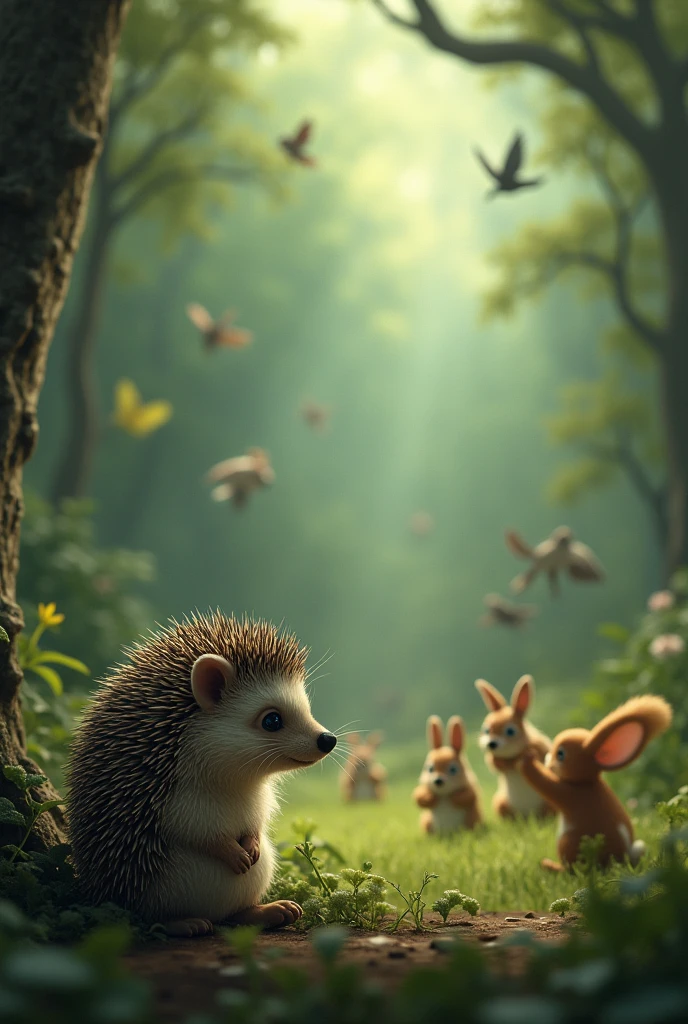 An extremely depressed hedgehog watching other forest animals play in the distance