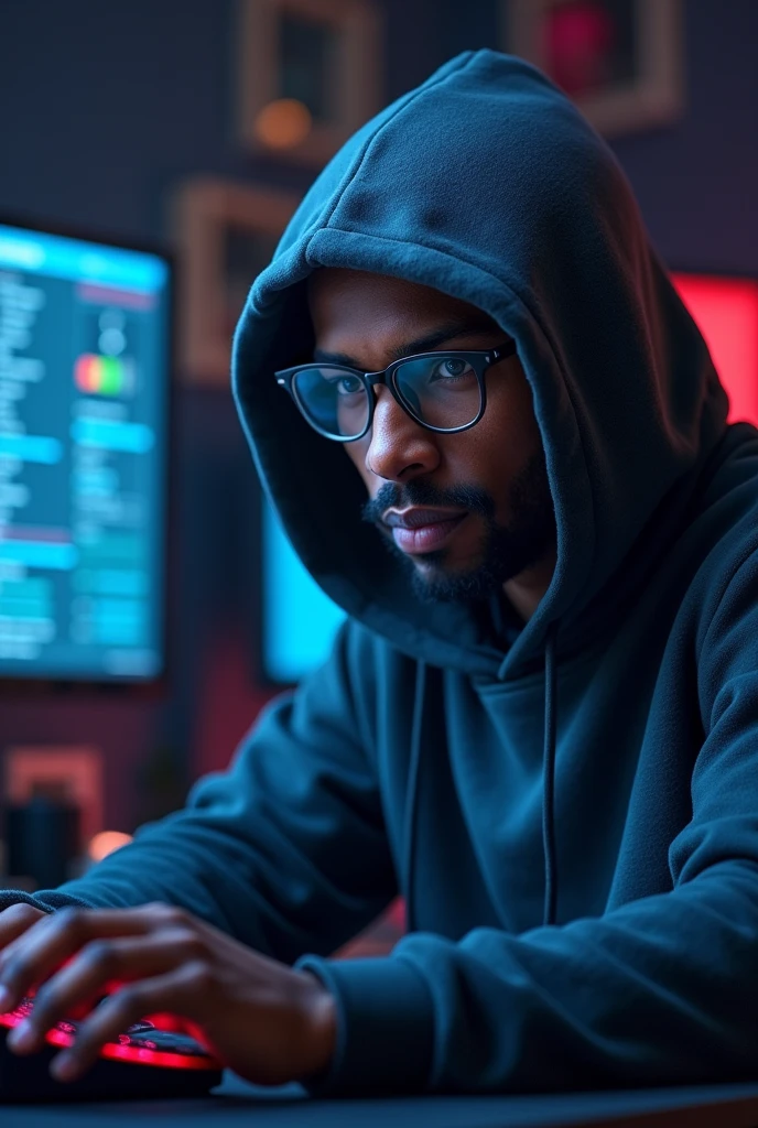 I want to create a profile picture of a dark-colored systems engineer with glasses. He&#39;s using his computer, not an anime or something similar, with an interesting background, like I like gamer-type games, and he&#39;s covered by his hood. 