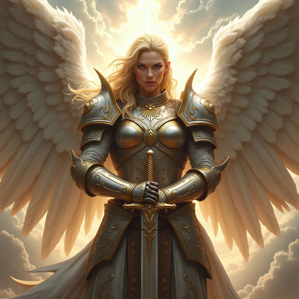 a warrior angel with armor and helmet, bright eyes holding a sword with both hands