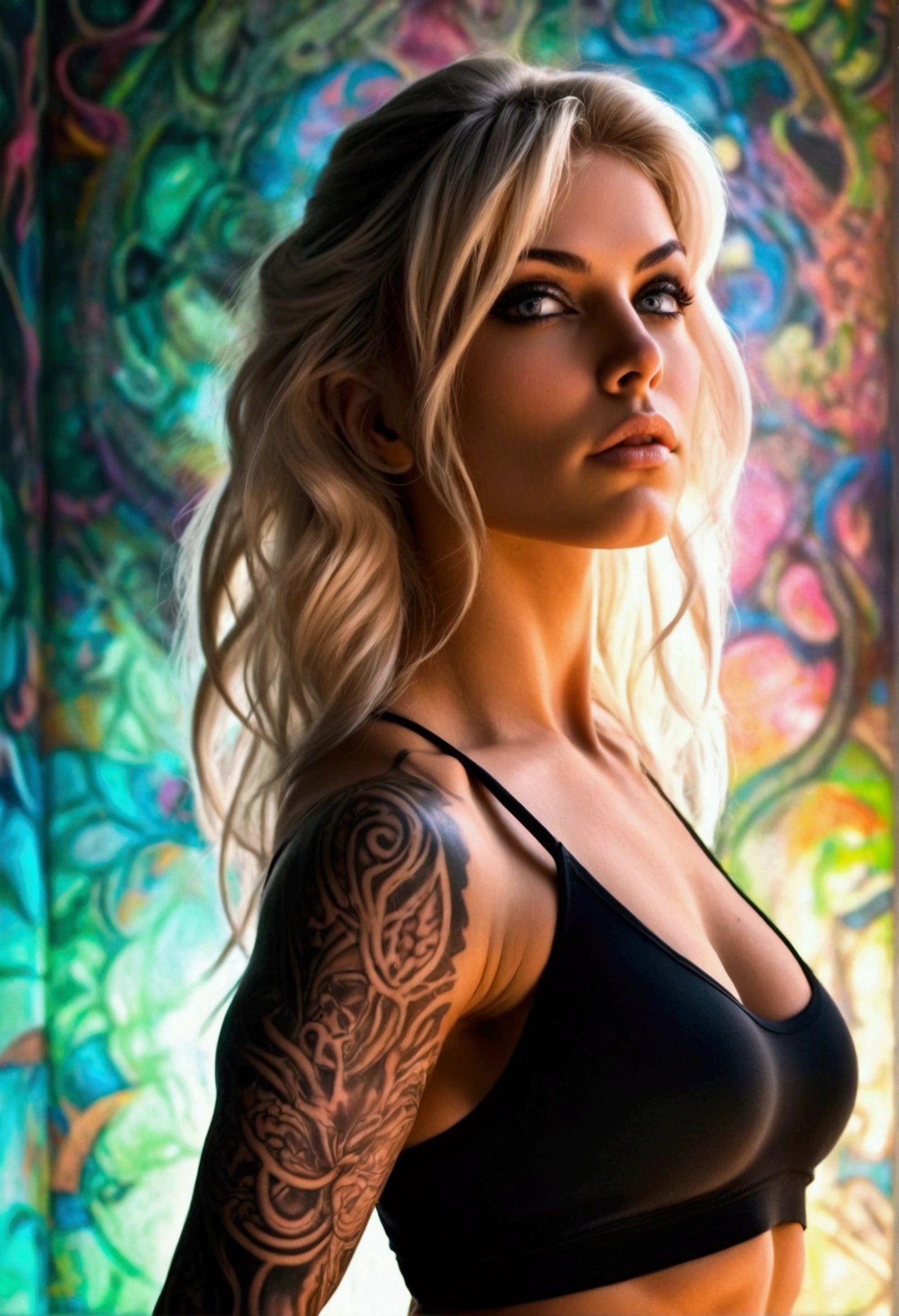 Create a hyper detailed photograph of a hrgiger tattooed muscular young sexy women, Stunningly perfect gorgeous face, perfect makeup, detailed vibrant eyes, platinum blonde dutch hair, big beautiful muscular legs, big beautiful muscular arms, big bac muscles, muscular abs, yoga outfit, detailed smooth skin, big breast, big muscular perfect round ass,