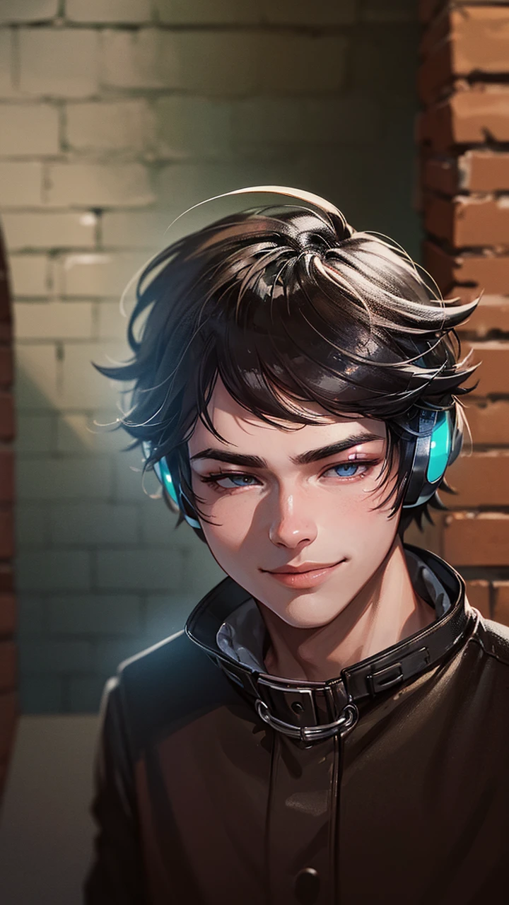 There is a young man with headphones on his neck standing next to a brick sidewalk, an image inspired by Adam Dario Keel, Instagram, hyperrealism, Declan McKenna, relaxed smile on face, low quality photograph, Profile picture, squinting, Photography, very very low quality image, selfie shot straight at angle, low quality photo, tommy 1 , realistic photo