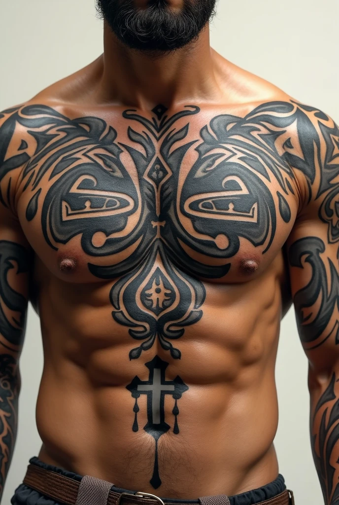 Tribal chest tattoo with Christian symbols