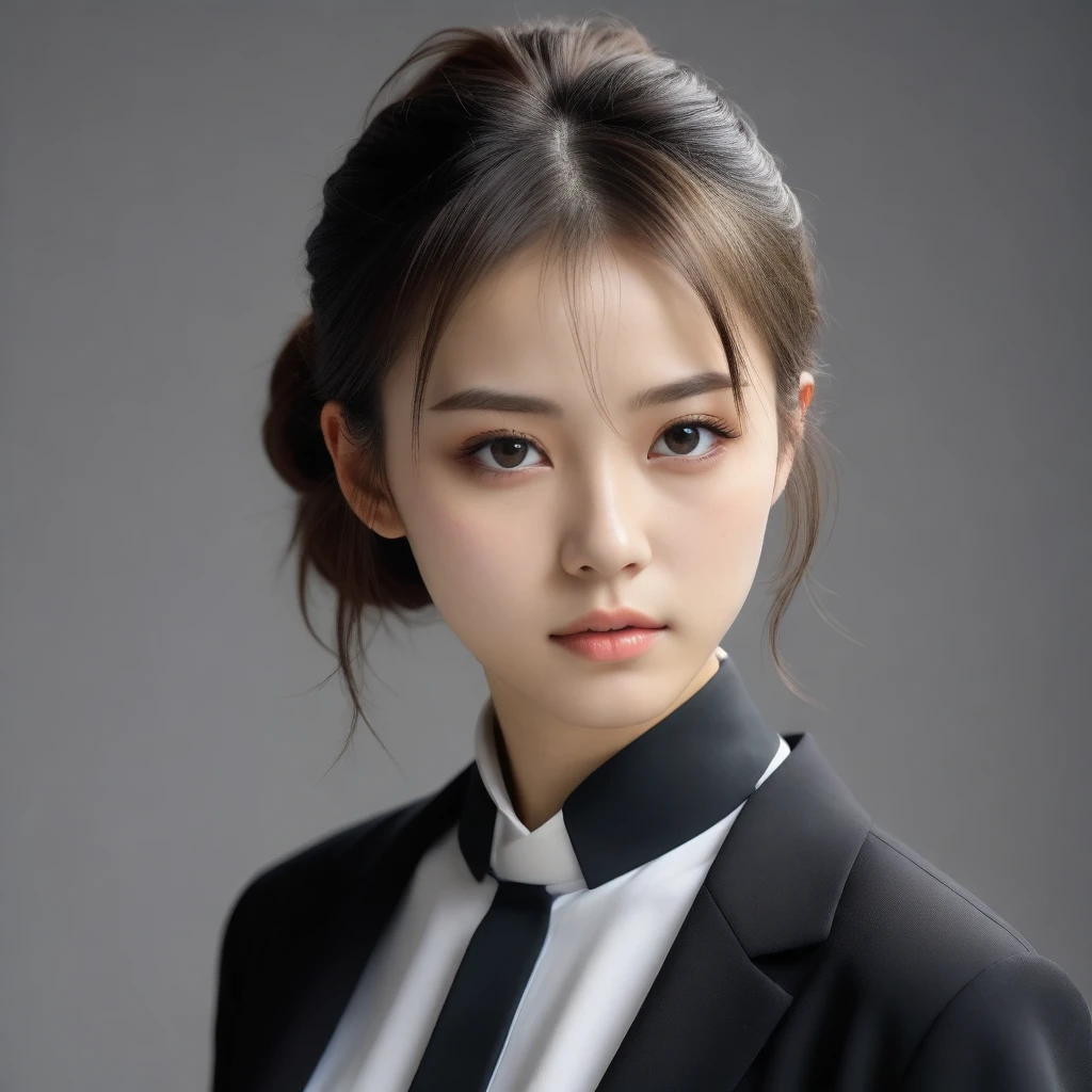 8k, Ultra-high resolution, Highest quality, masterpiece, Rule of thirds photograph,surreal, photograph, 1 Girl, (:1.3), pretty girl, Cute Face, Beautiful eyes in every detail, Detailed,masterpiece,One Girl:1.2,Japan Female Teachers,extream close up,sad,streaming tears,Black short hair,Messy bun hair,(black suit:1.3),Nun's clothing,(Impressionist Portrait of a Beautiful Girl), (Gray background:1.3),(Impressionist light and colour),Dedication to God,Realistic Skin, Perfect and beautiful face ,Perfect and cute face, Skin with attention to detail, Perfect limbs、Narrow waist,Looking at the audience、beauty,Long neck,clavicle,(((Ideal body type))),A cup small breasts :2,Portraiture:2,Perfect Anatomy,Vividly detailed,detailed,surreal,Light and shadow,spotlight
