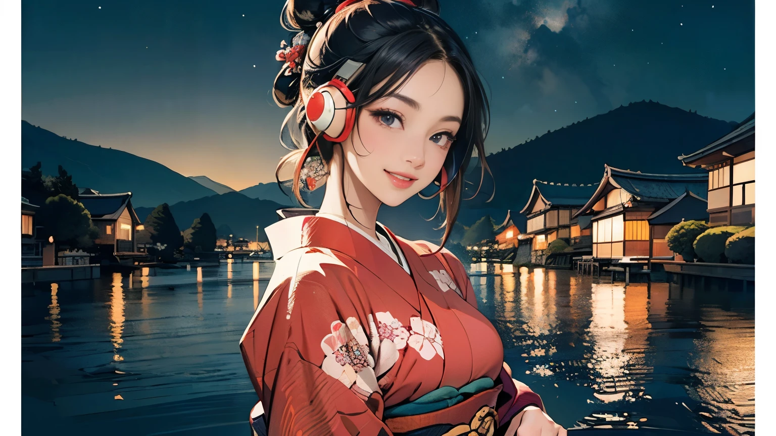 (Highest quality, 8k, masterpiece, High resolution), (whole body), Vibrant colors, Brown-black bob, Traditional topknot, Ample breasts, (Detailed face, Beautiful Face, Beautiful Eyes, Beautiful nose, Pretty lips), Official artwork, Ukiyo-e style, (Beautiful woman in kimono), (Vivid floral patterned kimono), background, river, bridge, Mountain, ((night, Starry Sky)), plum, ((headphones, wearing headphones)), ((smile)),