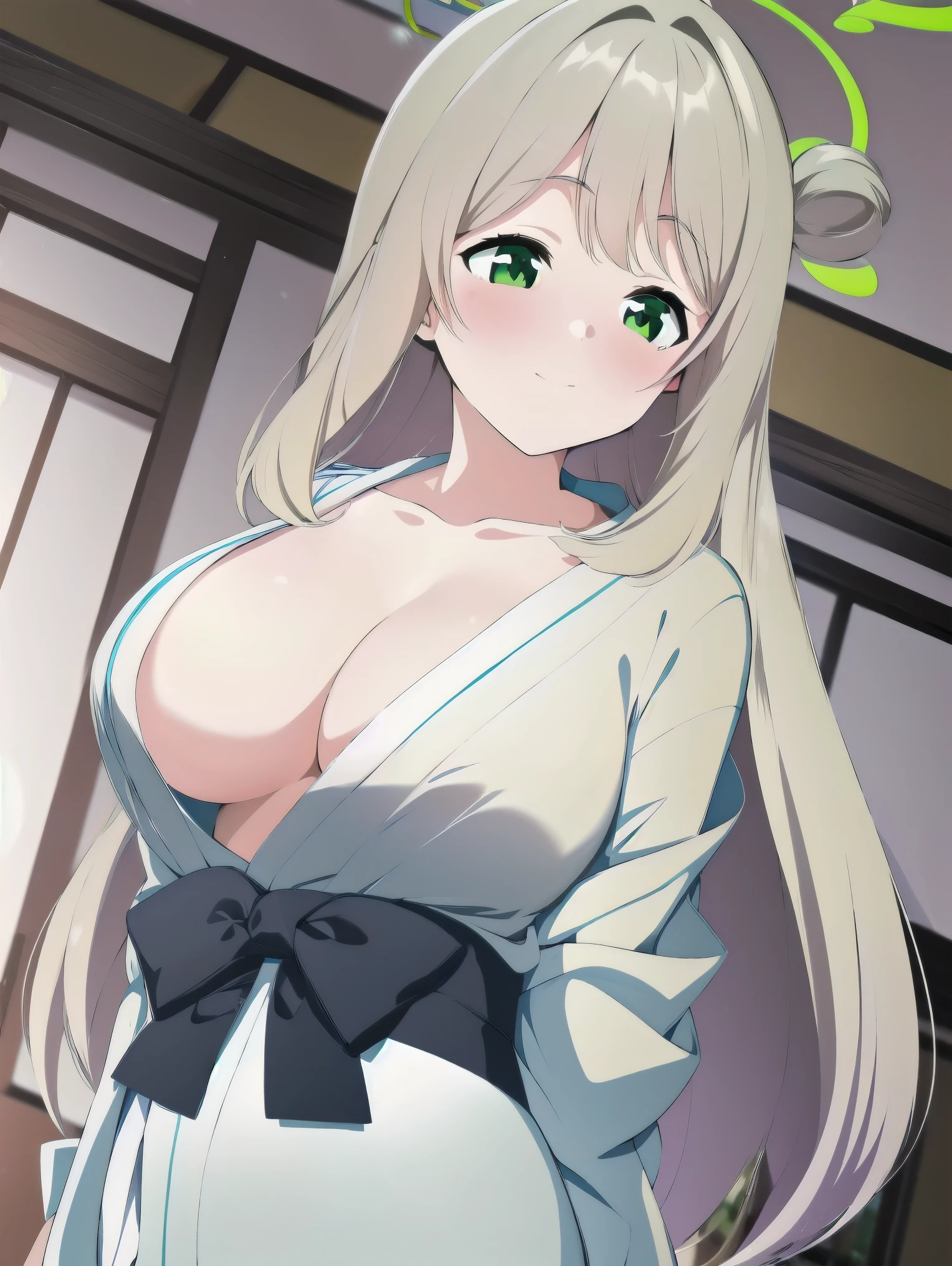 (A superb beautiful girl, izayoi Nonomi), 8k Ultra HD, Ultra high resolution, (masterpiece:1.2), (best quality:1.2), (finely detailed beautiful eyes), extremely delicate, solo, real light and shadow, upper body shot, shoot from front, teenager, nonomi, BREAK light green eyes, BREAK (long hair, light Ivory hair:1.3), embarrassed face, blush, BREAK (yukata:1.2), (light green halo), standing, arms behind back, ryokan, slim waist, cleavage, collarbone,