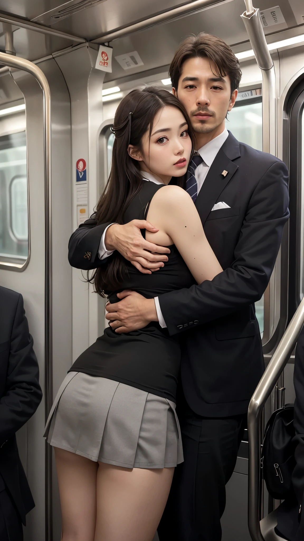 NSFW Viewer discretion advised, Crowded train, Japan , Handsome man hugging his girlfriend from behind, speak in her ear, Lift her up, Miniskirt twisted up, 40k, photograph, masterpiece, Highest quality, Dark Gray Background, 　((Japan girls' high school uniform)), An elderly man is leaning on her from behind、i held you up, Mr..々Strike a Pose, ((Touch your buttocks with both hands:1.2))