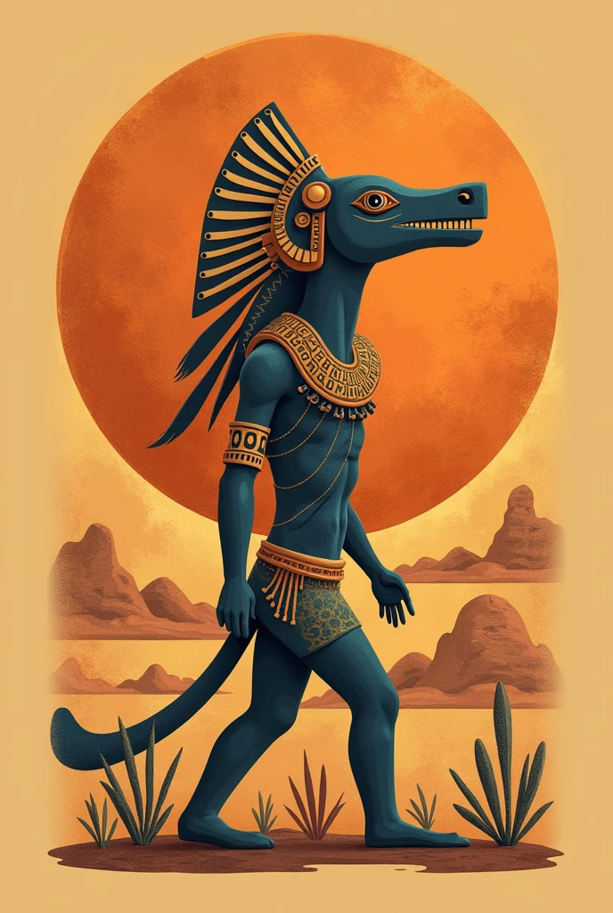 in style of Aztec Empire period , roboto character，A minimalist ring design of Kokopelli, the rain god playing the flute, holding an oval double opal stone，Indian elements，geometry，The matching stones are small amounts of lapis lazuli and turquoise，Coffee color，Orange，Clams，feather，gem，Retro，Old，Soft Light