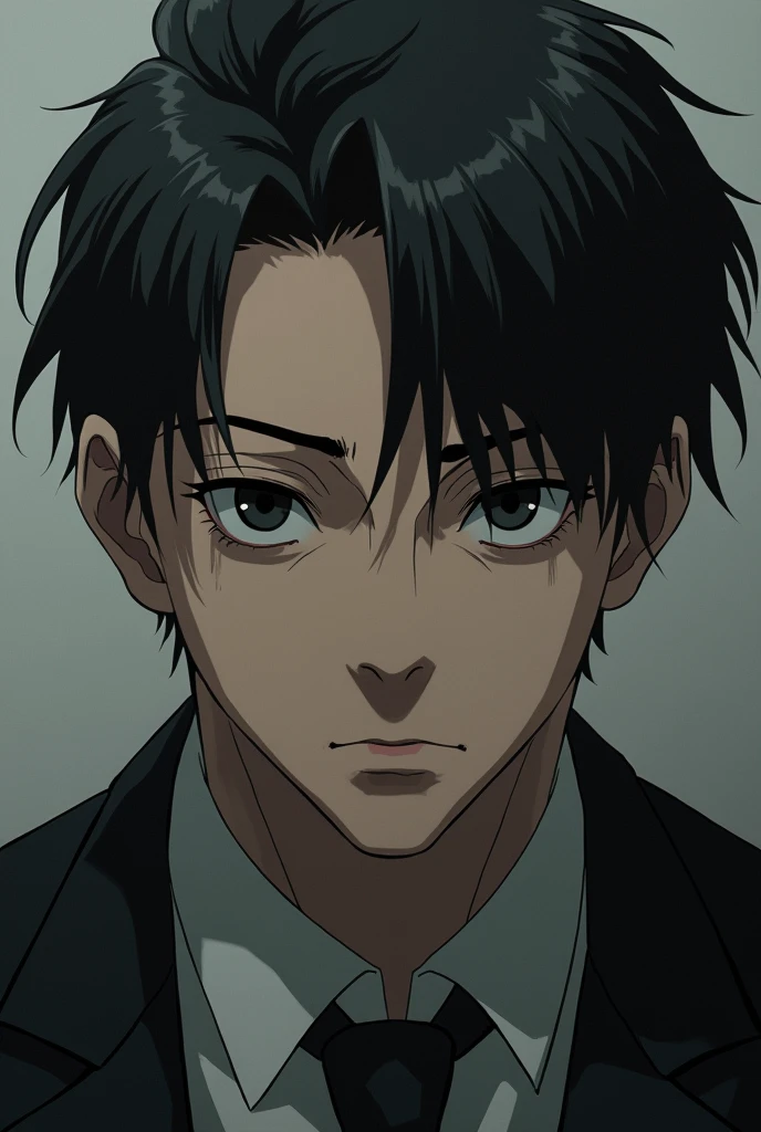 Image of the character lawyer with a tired face with dark circles and a little nose black eyes from jujutsu kaisen higuruma hiromi 