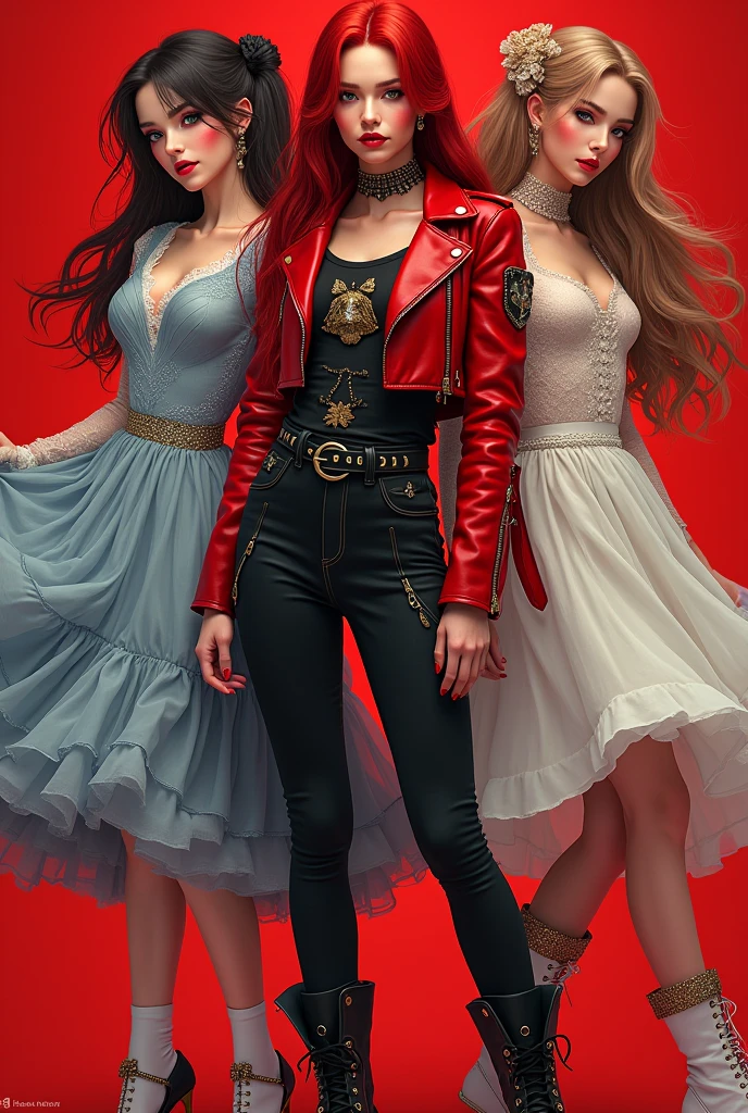 Create a cover with the protagonists of a specific film, with the following individual details.
Red:
1. **Colors and Style:** The color palette of Red's outfit is predominantly red., reflecting her name and her bold personality. She also uses black and gold details..
2. **upper part:** Red usually wears a red leather jacket, which has a modern, fitted cut. The jacket may have details such as zippers or studs., giving a rebellious air.
3. **blouse:** under the jacket, She often wears a long-sleeved blouse or t-shirt that may have prints or graphics that reflect her attitude..
4. **pants:** Her pants are usually tight, often in black or red, matching the style of the jacket. They can be made of leather or a similar material., complementing the bold look.
5. **booties:** Red wears high-top boots, that are both stylish and practical for your adventures. The boots have details like buckles or zippers.
6. **Accessories:** Her accessories include bold jewelry, like big earrings and bracelets, that add an extra touch to the look. She can also wear a stylish belt that complements the outfit..
7. **Hair and makeup:** Her hair is usually long and can be varying shades of red or brown., depending on the scene. The makeup is intense, focusing on the eyes, highlighting his powerful look.
me and chloe:
1. **Colors and Style:** Chloe's color palette is generally made up of soft tones., like light blue and silver, reminiscent of Cinderella's classic dress. She can also use white or gold details..
2. **upper part:** Chloe often wears a sophisticated dress or blouse with an elegant design.. The top can have details like lace or sparkles., bringing a touch of fairy tale.
3. **overskirt:** If you are wearing a dress, the skirt tends to be voluminous and flowing, with layers that give movement and lightness, reminiscent of mother's prom dress. She may have a c
