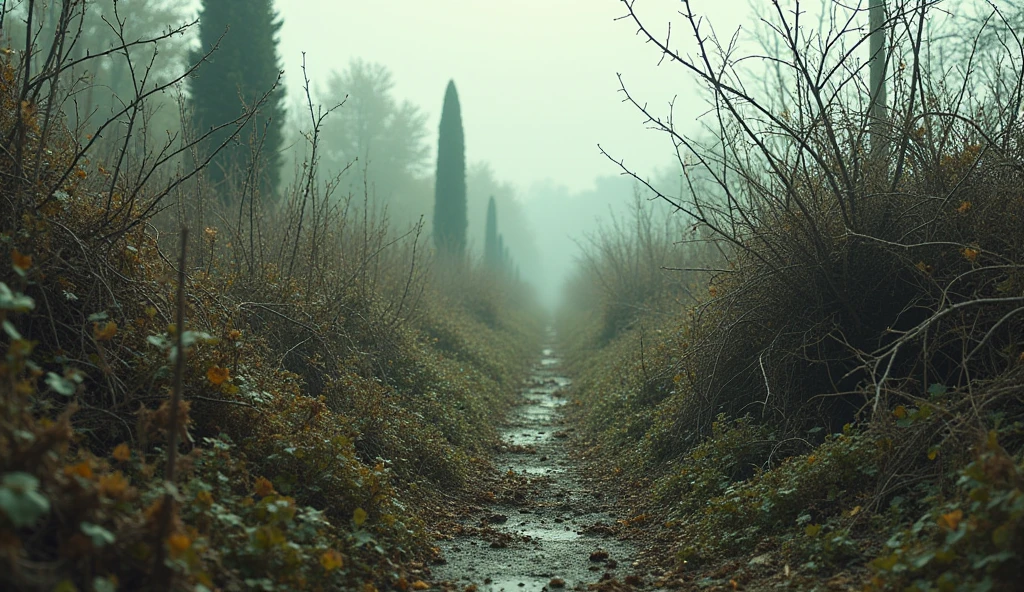**A barren garden with weeds**: A neglected garden overrun by weeds and thorns, symbolizing negative thoughts and their consequences.