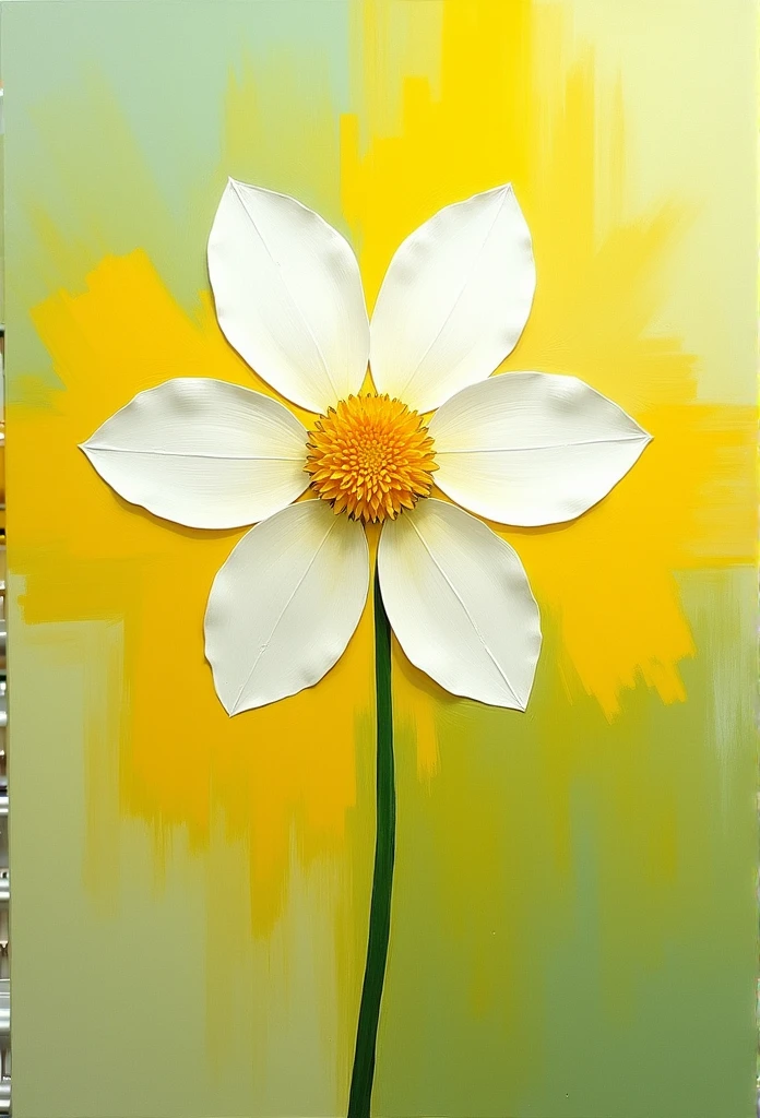 Draw an abstract painting of a single flower.,White and yellow margarita、Using Acrylic Paint、abstract artist,Known for its unique acrylic casting method, Real brushstrokes,Aesthetic composition,Simple style, soft and smooth brushstrokes、A shape that suggests trust and stability、White Margaret symbolizes purity、The center symbolizes the warmth of the heart.、Expressing a sense of trust、The main color of the work is yellow-green.、Bright and vivid colors、Add moist compacted sand、Enhance the texture and tactile elements of your artwork, Staring at this photo, Ott、Interplay of color and texture、sunflower dandelion