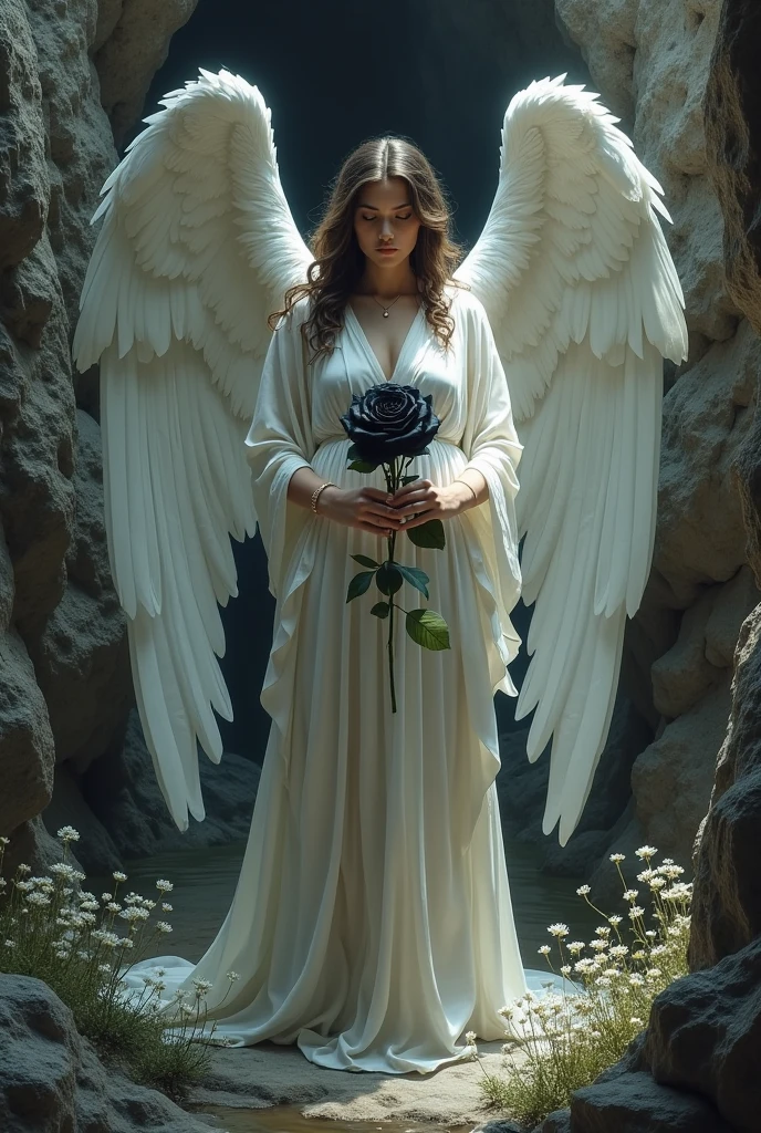 masterpiece, best quality, topless scared sinful angel with a large nipples under a sheer nightdress, kneeling pose, gold hair, looking at viewer, adult, holding red roses, ancient cemetery, horror
