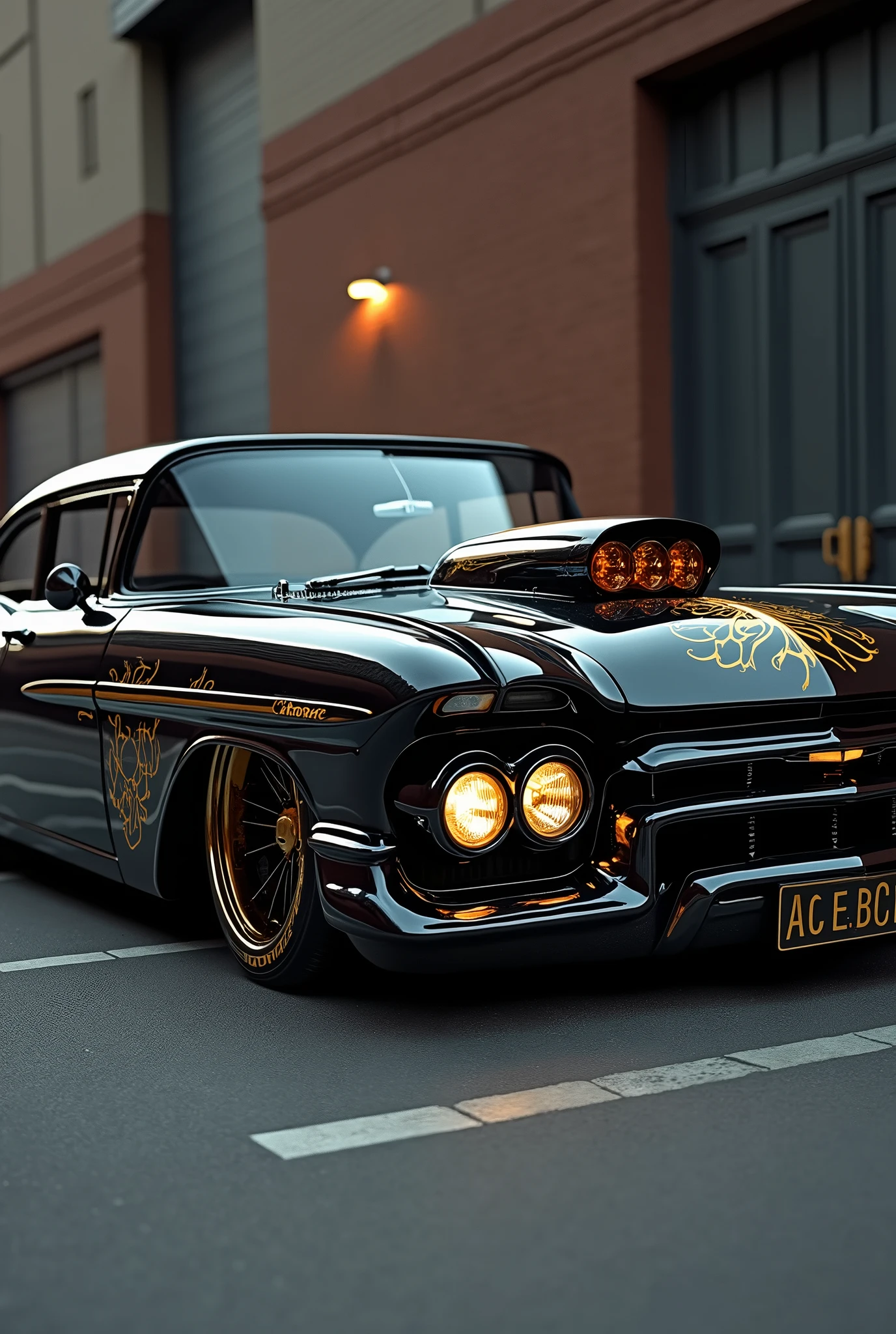 1959 Chevrolet Bel Air, star wheel, WIDE WHEEL, metallic black color, ILLUMINATED HEADLIGHTS, dark windows, details in gold, gold trim, sunroof, SIDE EXHAUSTS, FIRE DESIGN ON THE FRONT HOOD.