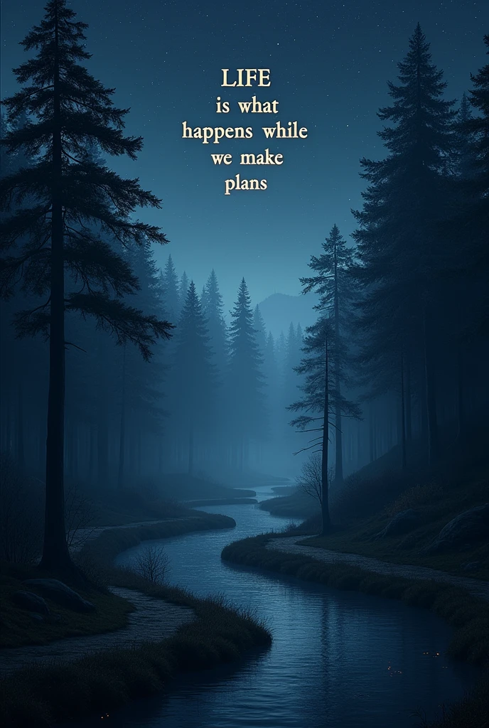 Can you generate me an image of a forest in the middle of the night?, with a path along the riverbank and in the background with very clear letters this phrase appears, life is what happens, while we make plans