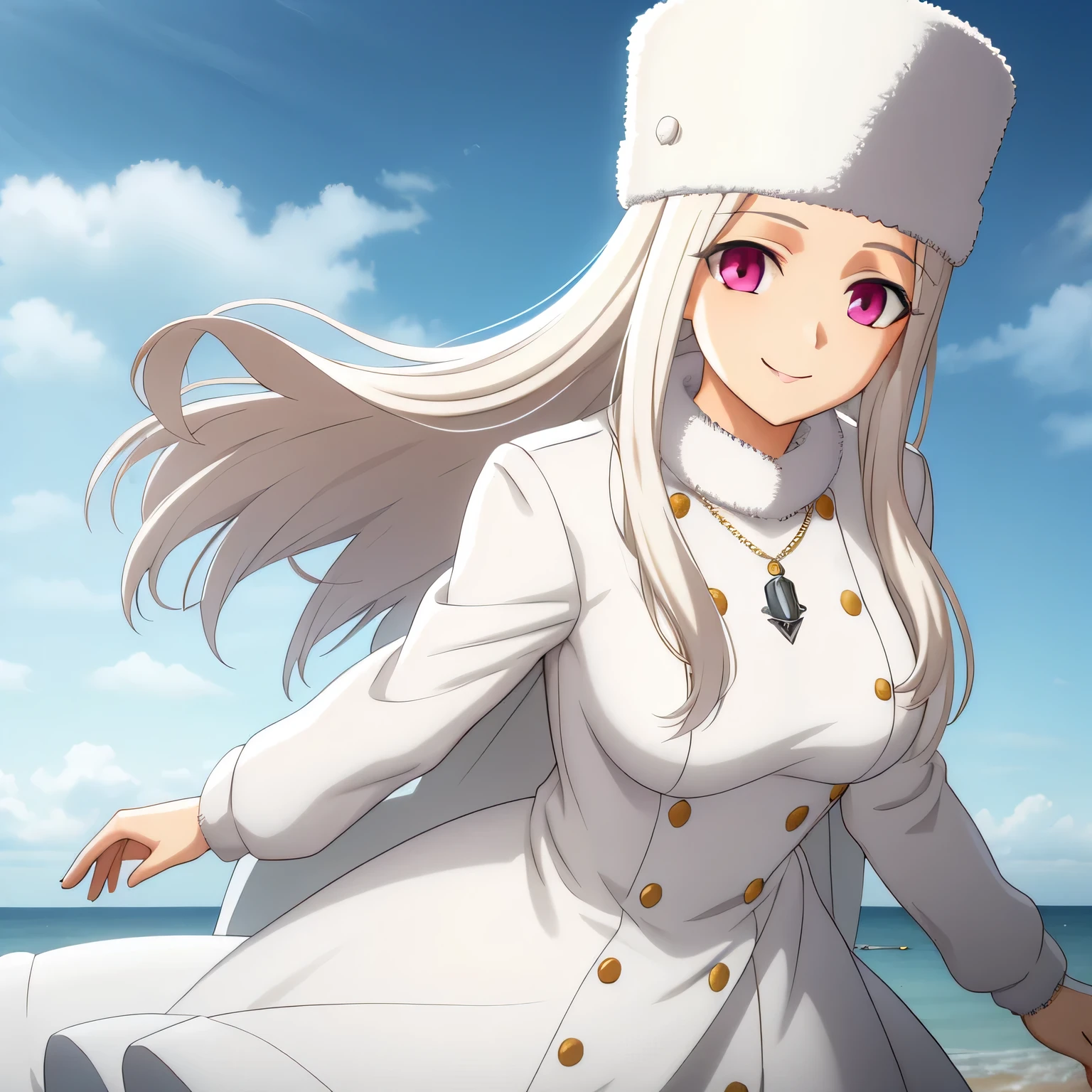 Irisviel,winter jacket with dress,solo,looking at viewer,beautiful smile,,middle size of breast,beautiful necklace,shapka hat