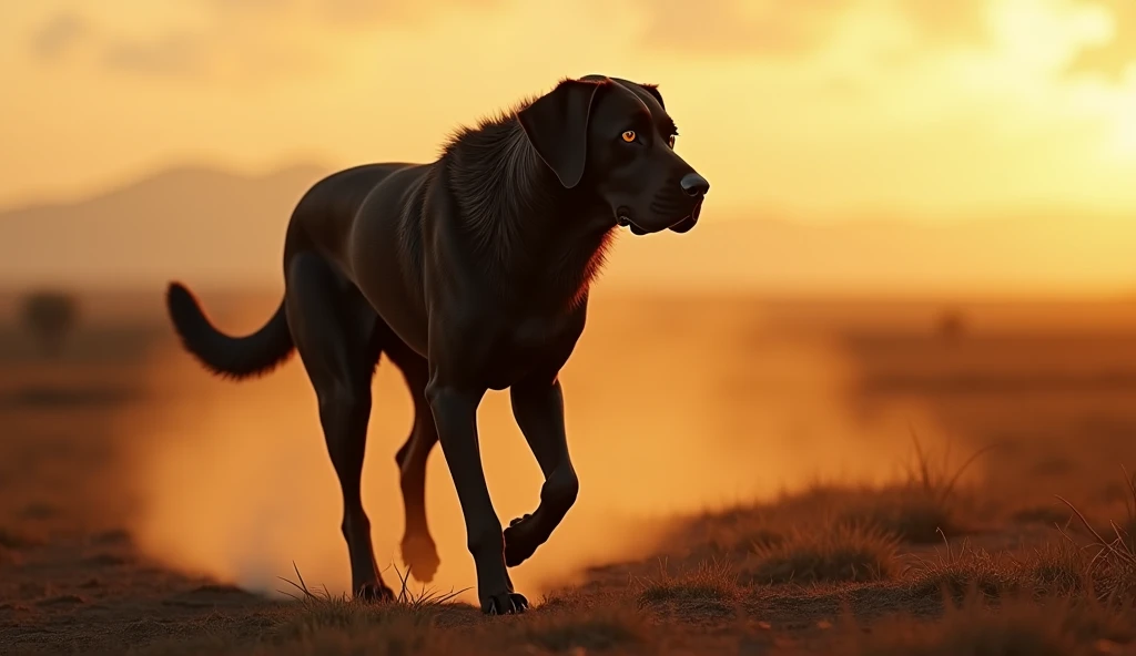 hyper-realistic, photo, Realism, cinematography, 8k,4k,A Fila Brasileiro with large, drooping ears, patrolling a large Brazilian ranch at dusk. His muscles and powerful gait are shown as he walks through the terrain., with the setting sun creating a golden contrast on its dark fur. then, the camera zooms in on his face, highlighting his attentive eyes and alert expression, while keeping an eye out for any potential threats.