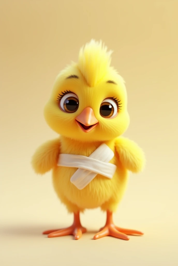 (animated 3d) a little yellow chicken with a bandage on his wing