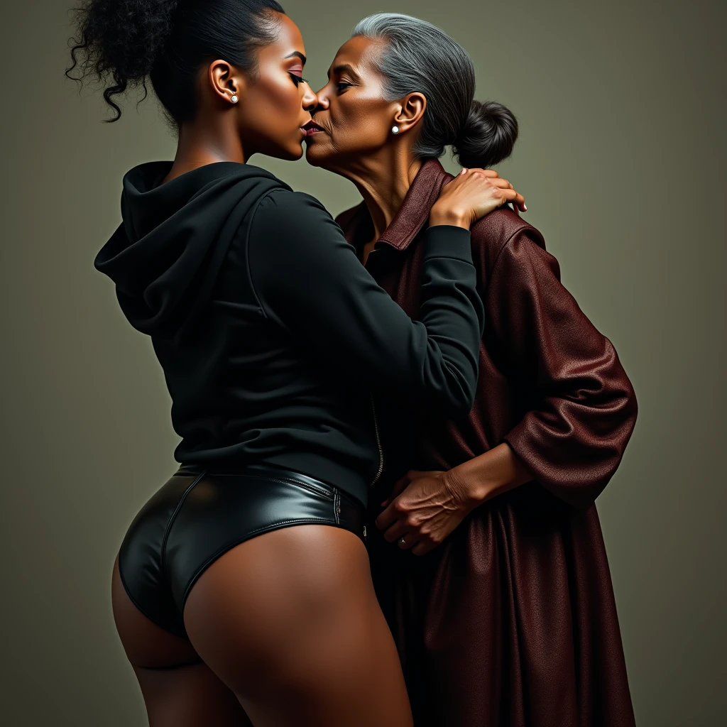black woman hair in a bun black hoodie   black leather short shorts   a old grandma in a dress  kissing her ass behind her squeezing her butt