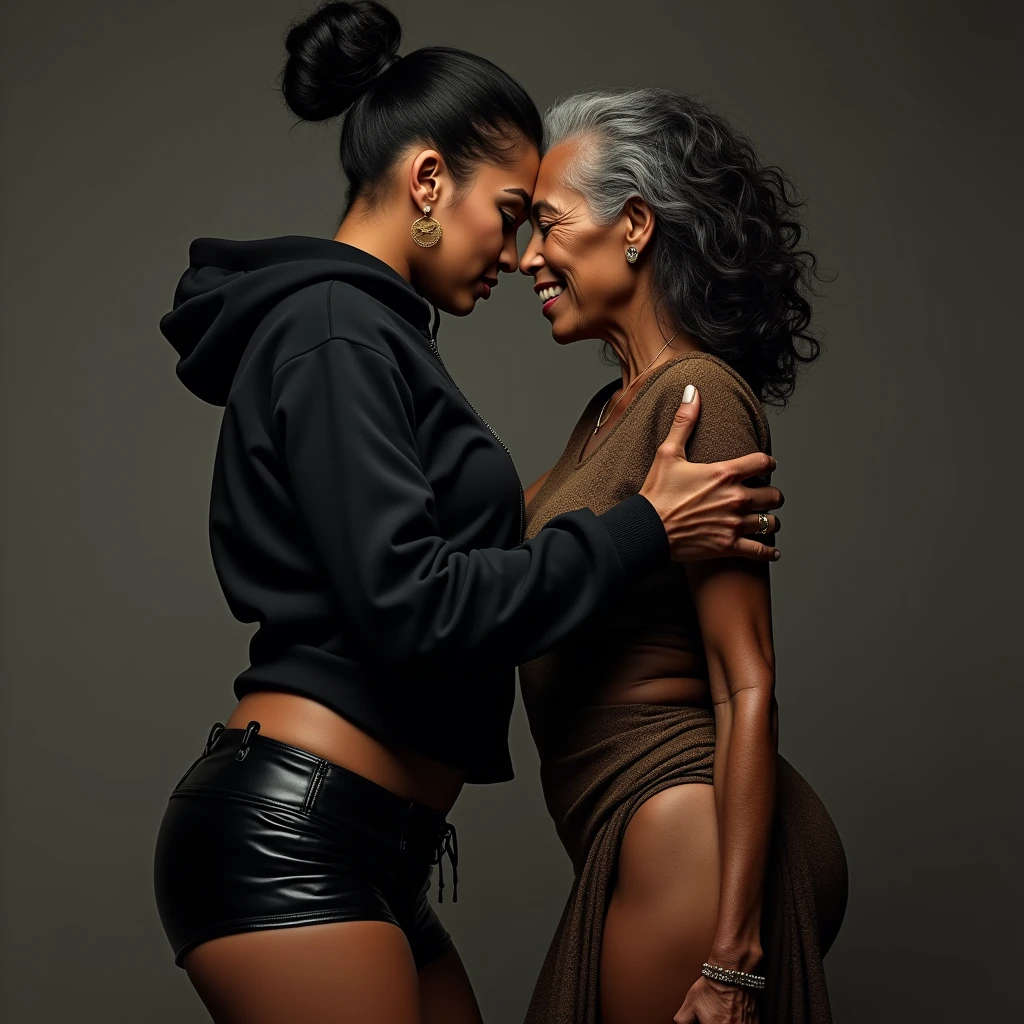 black woman hair in a bun black hoodie   black leather short shorts   a old grandma in a dress  kissing her ass behind her squeezing her butt