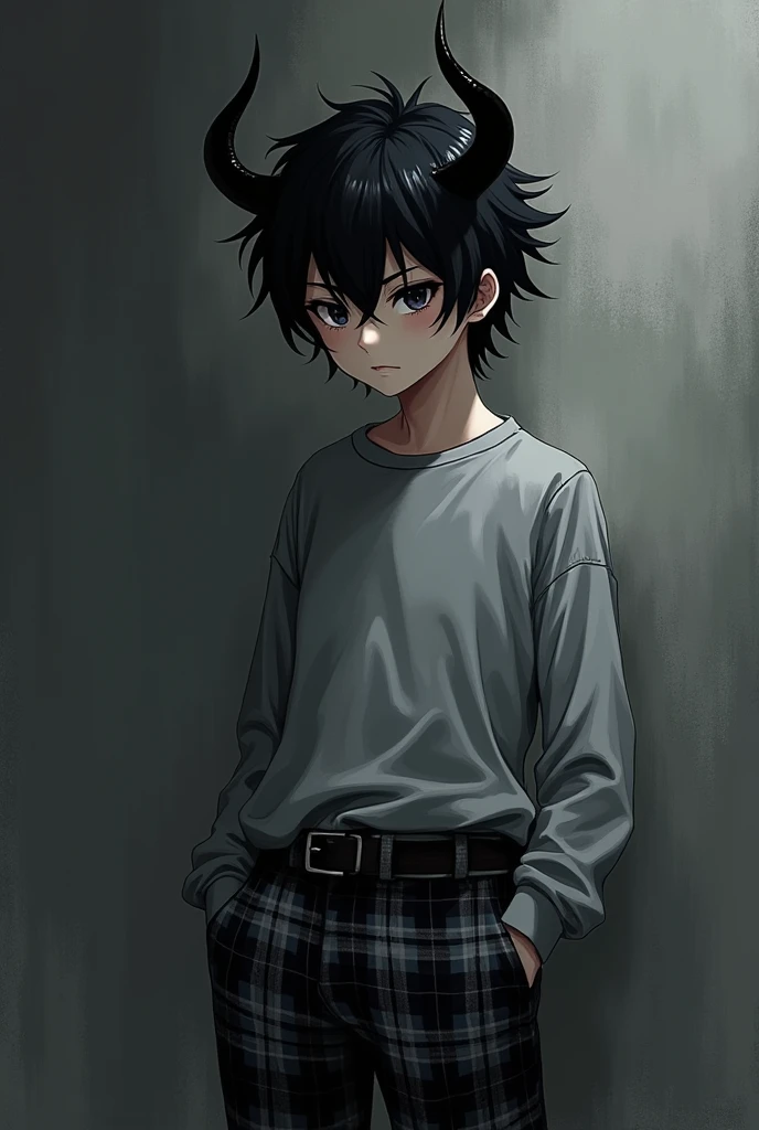 I want an anime boy with messy black hair with black horns with gray long sleeves and black and gray plaid pants 