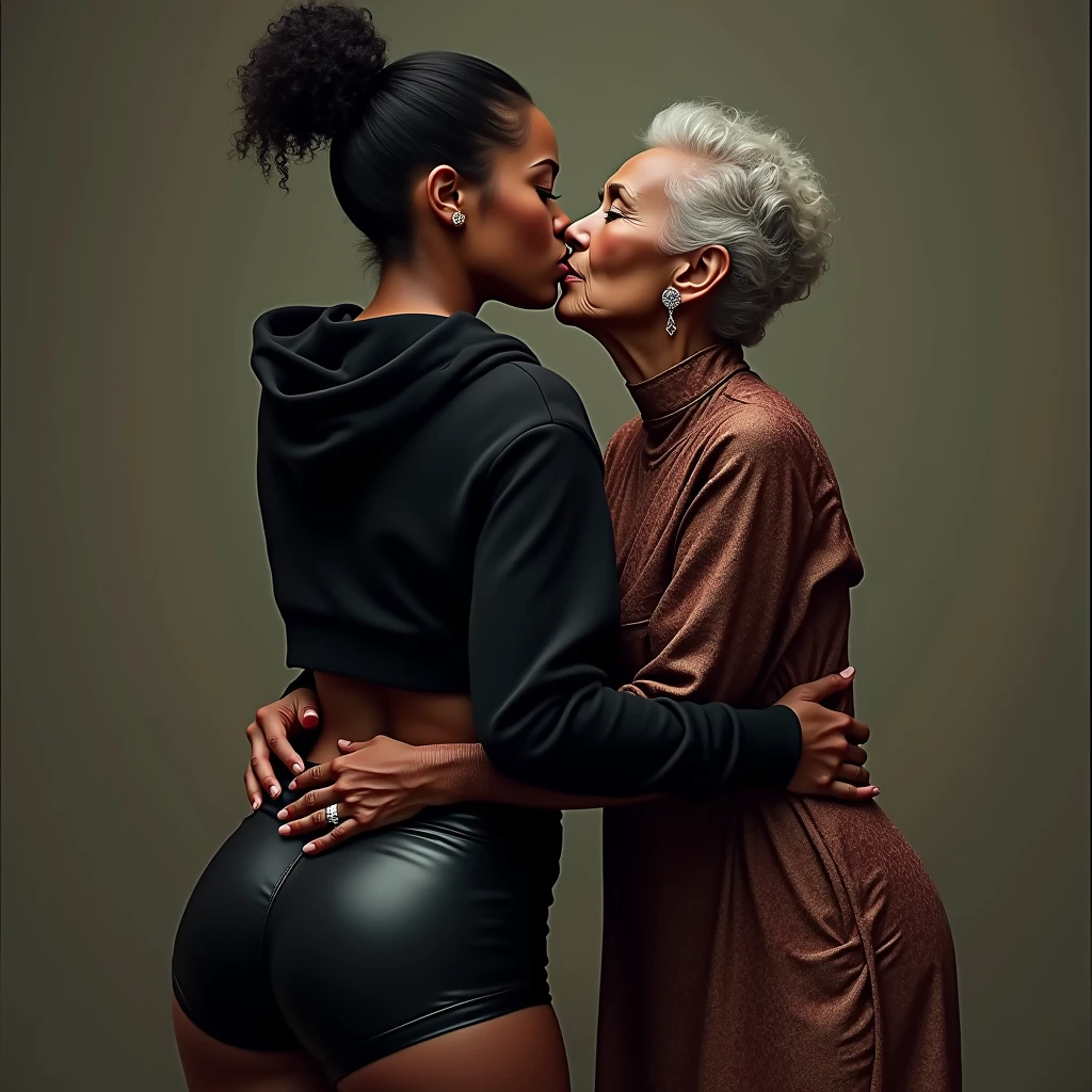 black woman hair in a bun black hoodie black leather short shorts a old grandma in a dress kissing her ass behind her squeezing her butt