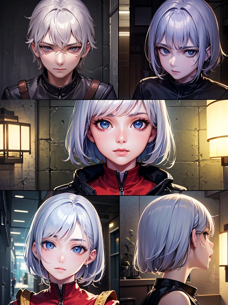 ((perfect anatomy:1.3,realistic:1.3,masterpiece、highest quality、Ultra - High resolution、High resolution、Highly detailed CG、8K)), 1girl, Silver hair, short hair, ligh blue eyes, bishoujol,  drawn in the style of Japanese anime, 