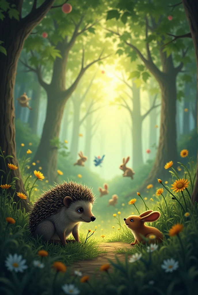 An extremely overly depressed hedgehog, sad and alone watching other forest animals play in the distance