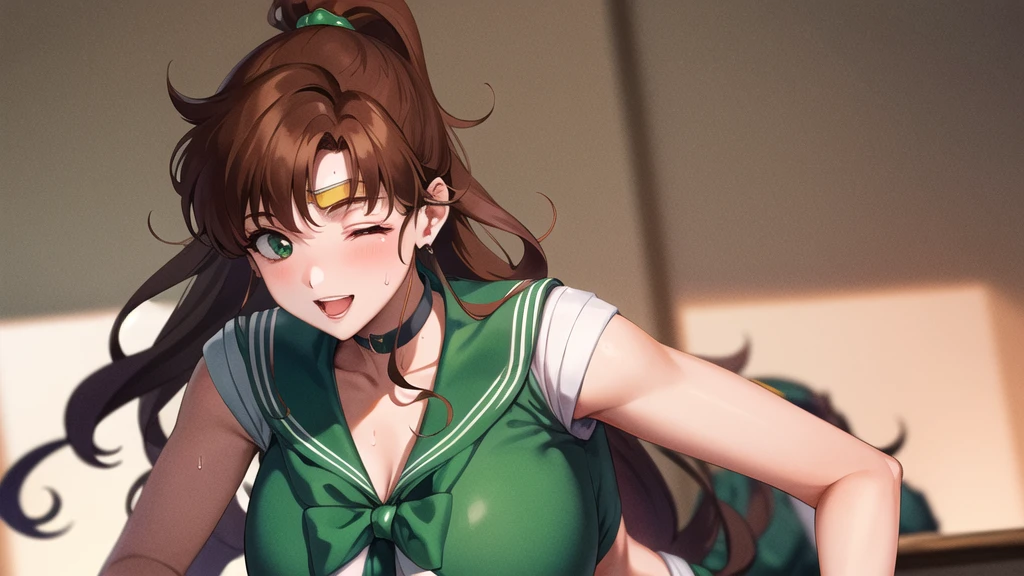 masterpiece, Highest quality, High resolution, (Sailor Jupiter),1990s \(style\),、(E-cup beautiful breasts)、tall、Sweating all over the body、vapor、Beautiful big breasts、Muscular、sexy、A face writhing in pleasure、The whole body is covered in sex fluids、Sweaty、Configuration from the front、Open your mouth and stick out your tongue、Ahegao、Scream、Semen splattered on face、Anime-style painting style,Brown Hair、ponytail、Focus on bust enhancement