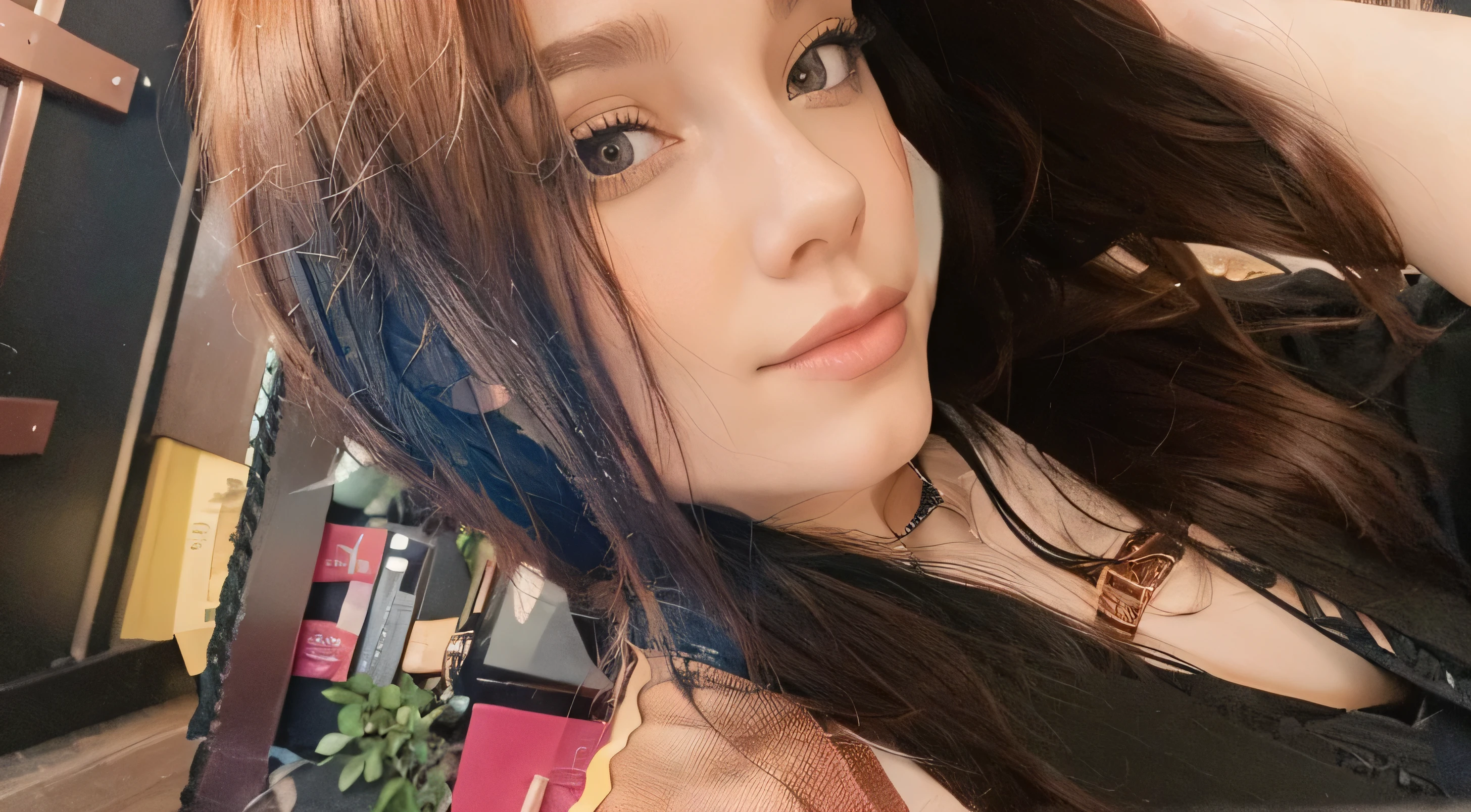Different pose, pretty girl with copper hair and black clothes with pink