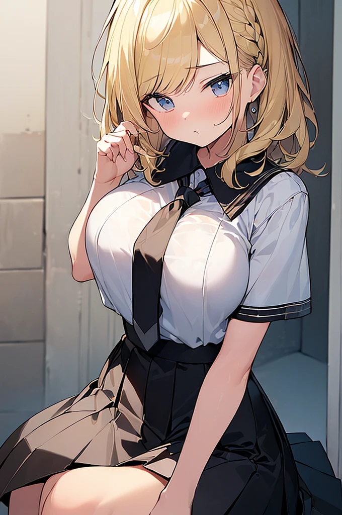 (Masterpiece, Top quality:1.5), (from above, close to face:1.2), (1 beautiful girl:1.2), (short sleeve white shirt, black pleated skirt, tie:1.2), (blonde hair:1.3), single braid, medium Hair, wavy Hair, asymmetry bangs, swept bangs, junior high school student, (large breasts:1.2), (pout:1.2), flustered:1.1, beautiful scene of alley, (narrowed eyes)
