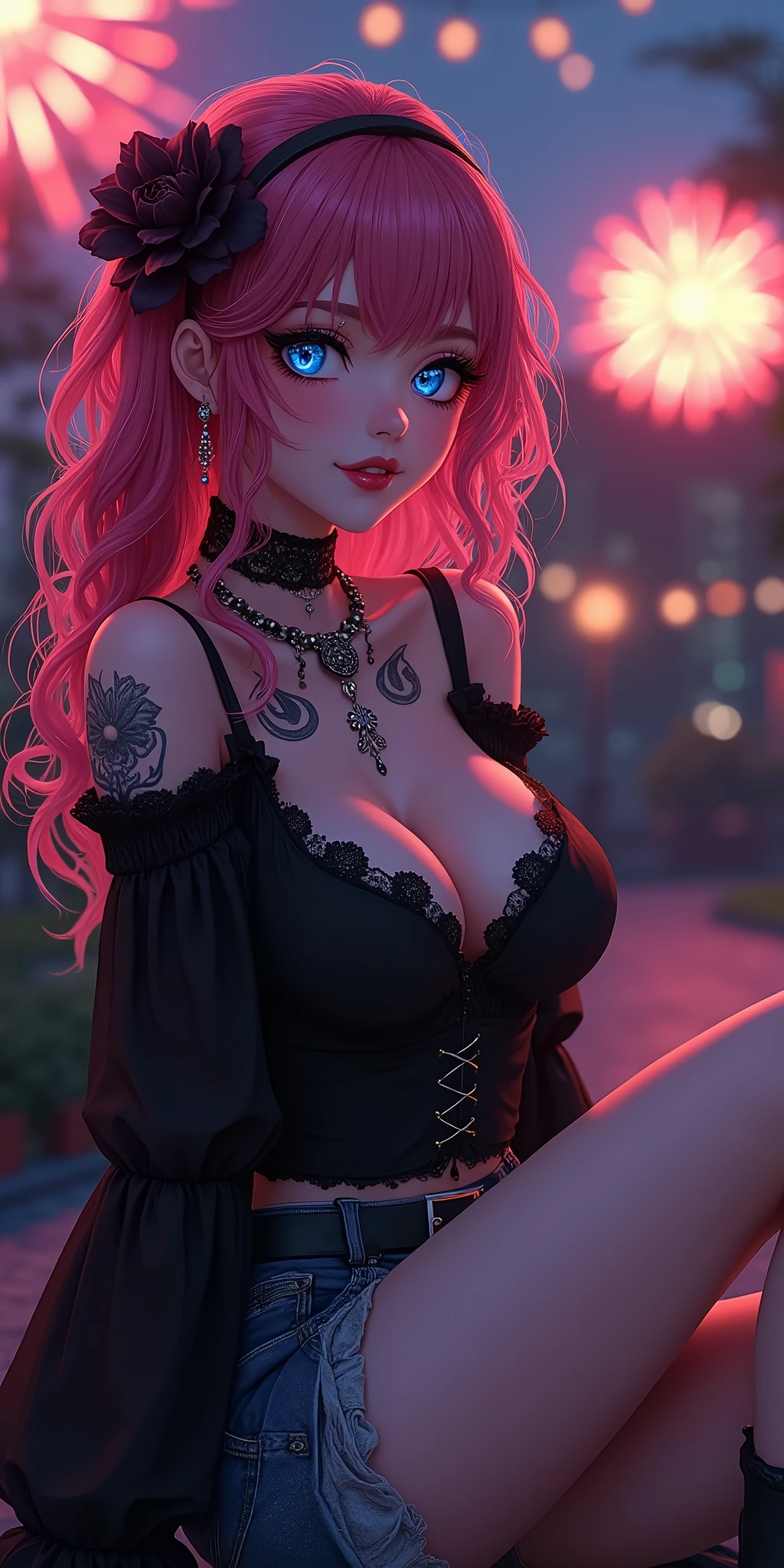 (best quality, ultra-detailed, photorealistic: 1.39), bright and vibrant colors, studio lighting, romantic expression, An effeminate girl, with a delicate and beautiful face. She is a girl who reflects seductive beauty, sparkling eyes, A Beautiful and adult tattooed woman and voluminous curly dark gothic pink hair, hair clip, crying a seductive 2 woman with big breasts seduces, matches the gothic makeup, with her large breasts seduces, gothic style blouse with lace, ripped denim shorts with gothic details, sitting, with beautiful legs, ankle boots, with her blue eyes that matches her soft smile, black gothic style, in a beautiful pose demonstrating her seduction on the in the park at night, beautiful event gothic style decoration with lights and fireworks, haunted gothic party, night with soft lighting, anime style, like a manwha character