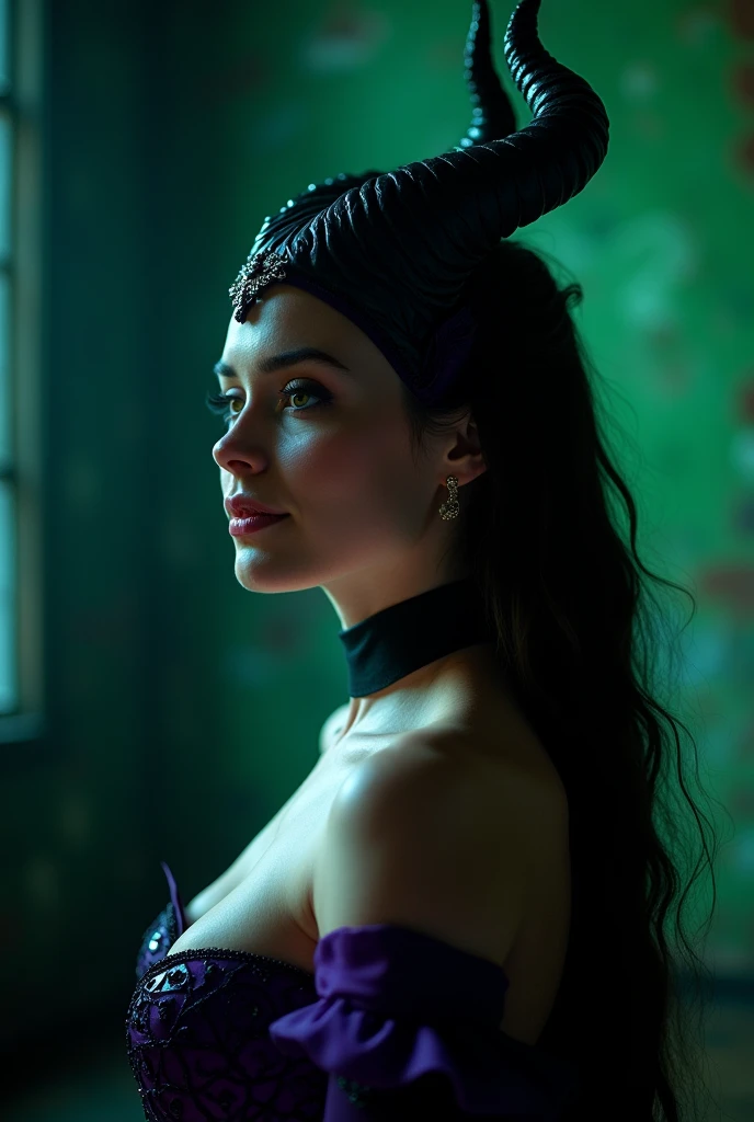 A stunning silhouette profile portrait of Maleficent in the nude, young and beautiful, hyper realistic, real portrait, backlit, exquisite features, cleavage, sexy, seductive, unnatural light, soft light, location is the interior of a dungeon, green light, eerie, purple highlights:1.4, she is smirking, she is busty, her chin is raised, looking down at viewer, low angle shot, h her body is nude, naked and powerful, visible breasts, visible nipples, she is standing, narrow waist, wide hips