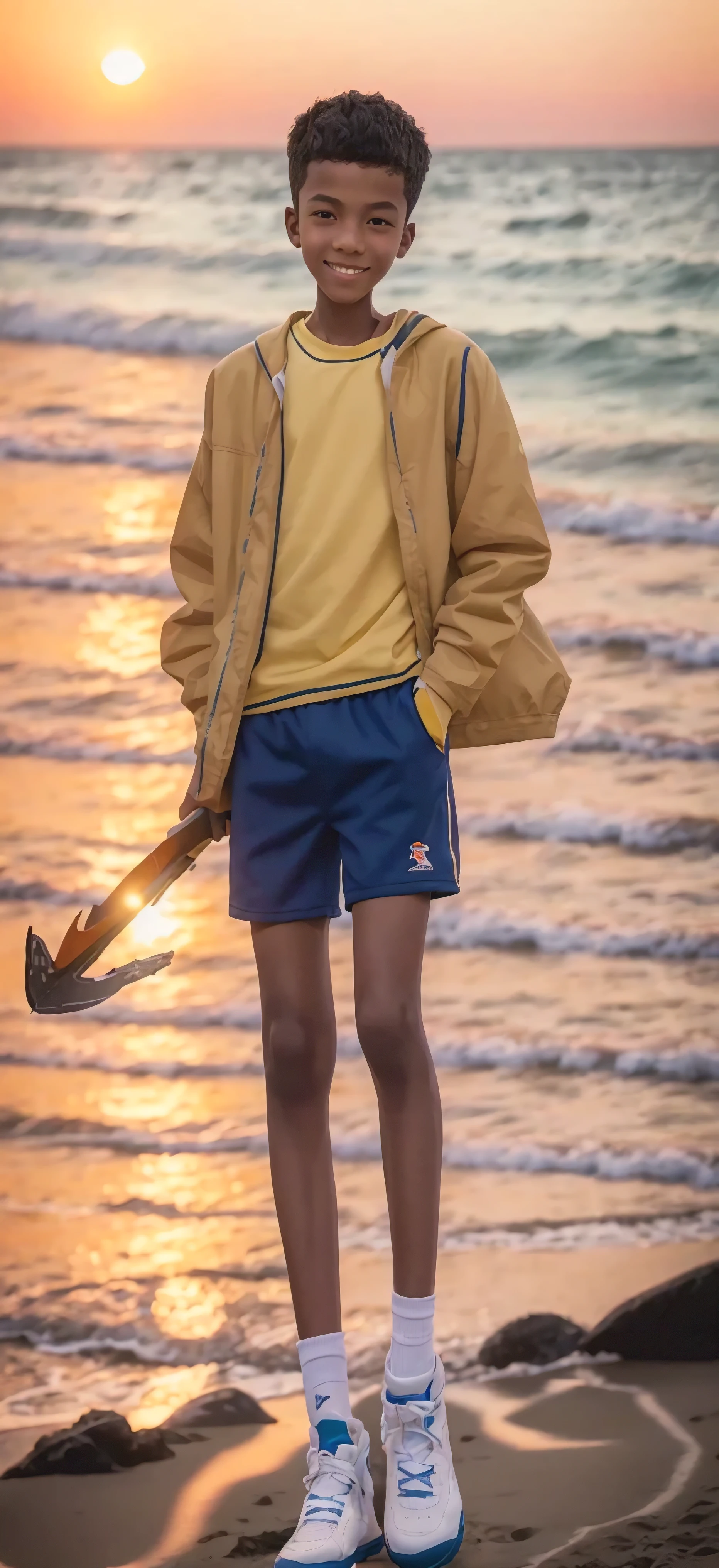 boy,Sports shorts,Brightly colored tops,High-top board shoes,Big round eyes,Very short hair,Tall and skinny,full-body shot,A junior high schooent holding an axe,Toothy Smile,On the beach on the island at sunset,best quality,HD Wallpapers