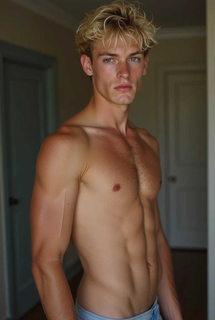 Young blonde boy 1 dick, with lifted arma and showing his blonde under arm hair, sweaty and showing his penis, lifted armpits showing a full blonde hair and very sweaty armpits more sweat, soaked in sweat, now show him sat and doing all the things i said before, more sweat, make the guy hust with underwear and a bulge and all things said before