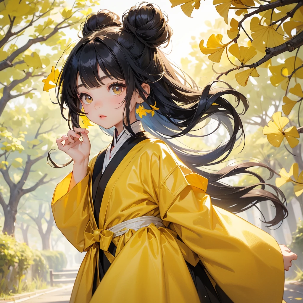 A chibi child girl had a small face and Wearing white little Taoist priest's outfit, A pair of big round eyes shone with curiosity about him, This child was so cute, her hair is black with two buns on her hair, Yellow ginkgo leaves stand on both sides of the road, and Yellow Ginkgo Leaves fall from the trees. 




